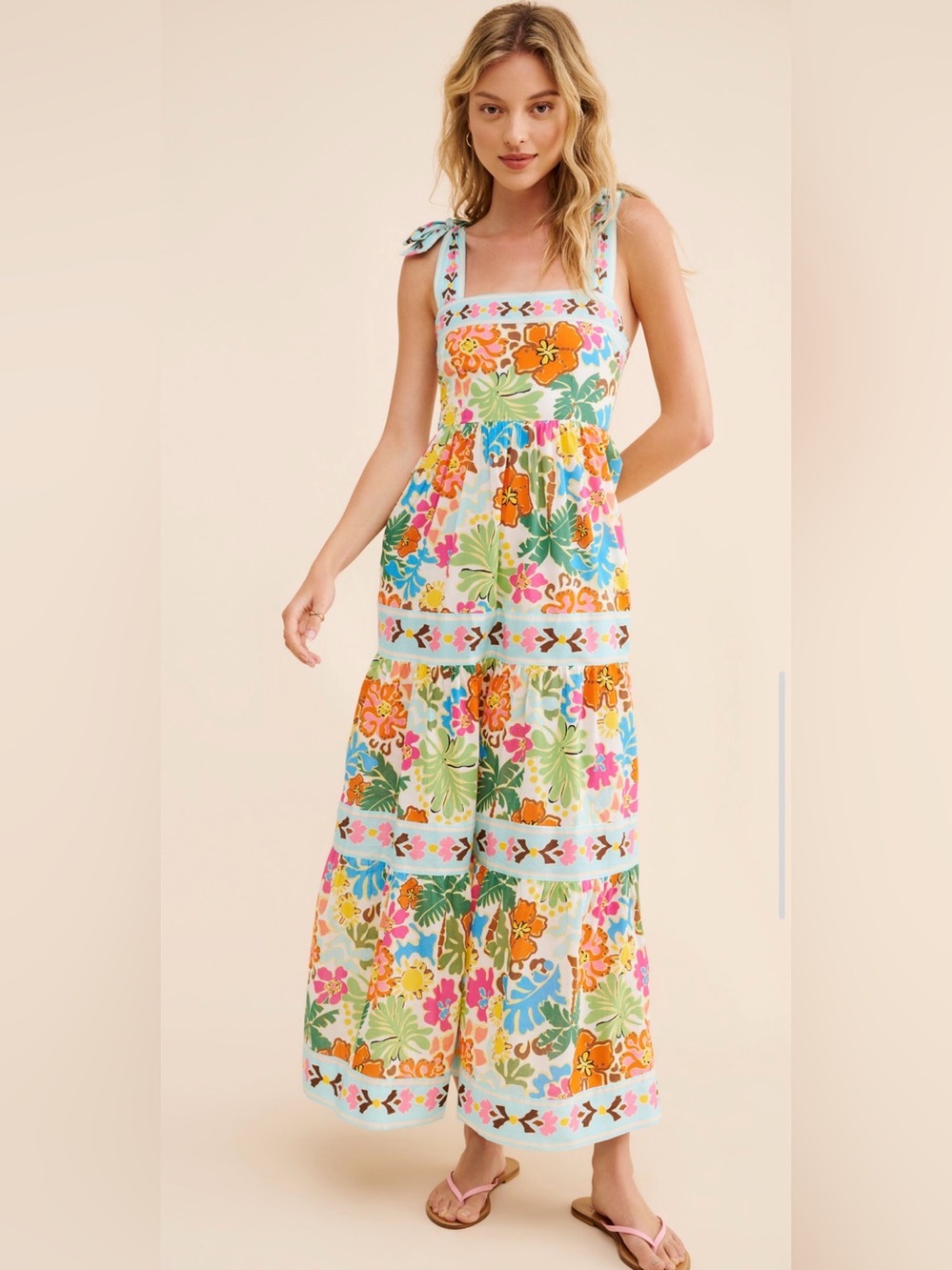 Tropical Floral Tie-Shoulder Maxi Dress
